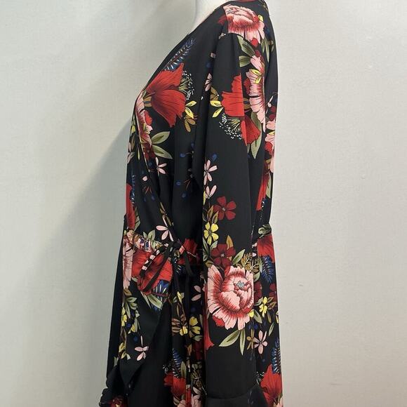 Boohoo Wrap Dress Plus size 16 Black Red Floral Ruffles Modest Wedding Church - Picture 8 of 13